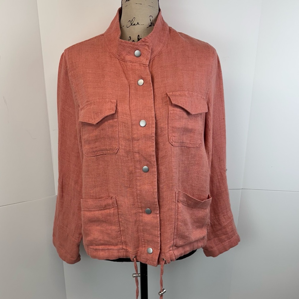 C&C California Women S 100% Linen Snap Up Jacket Pockets Coastal Beach Boho